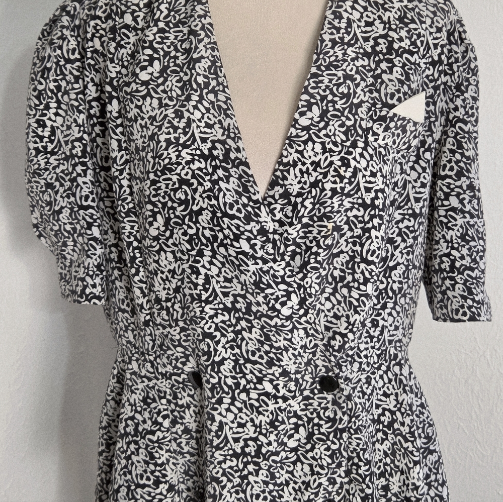 Liz Roberts Vintage Black & White Floral Double-Breasted Peplum Dress, Size 16 - Picture 4 of 11